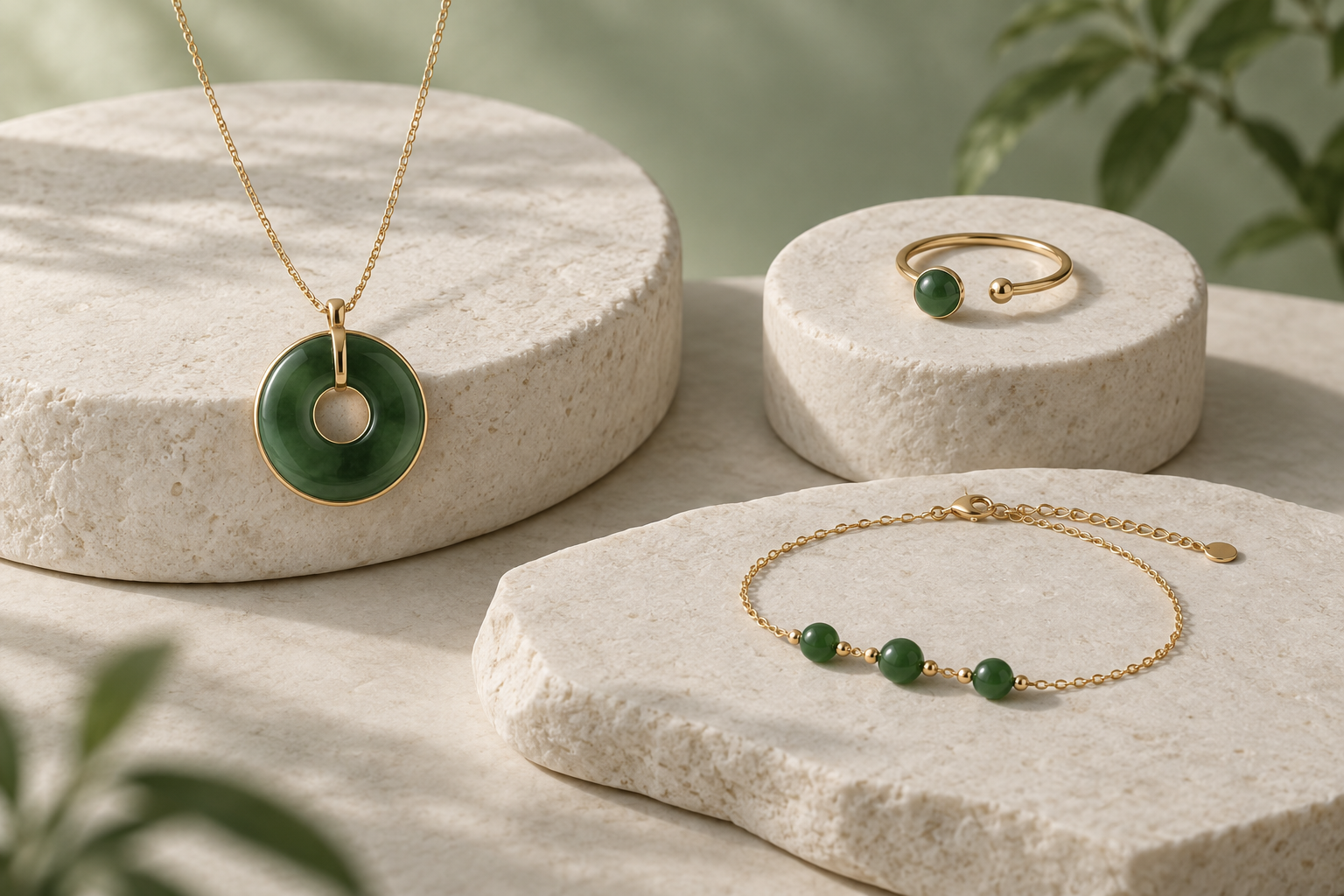 Concept jewelry collection: a jade-green pendant, a small gold ring and a delicate bracelet arranged together
