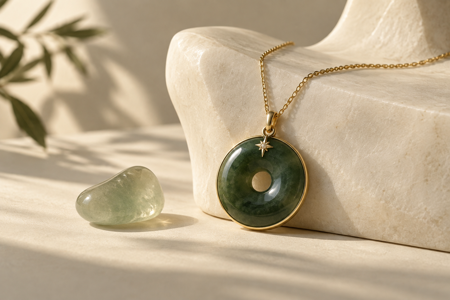 The Orbit Pendant concept: deep green circular stone and a delicate gold chain
